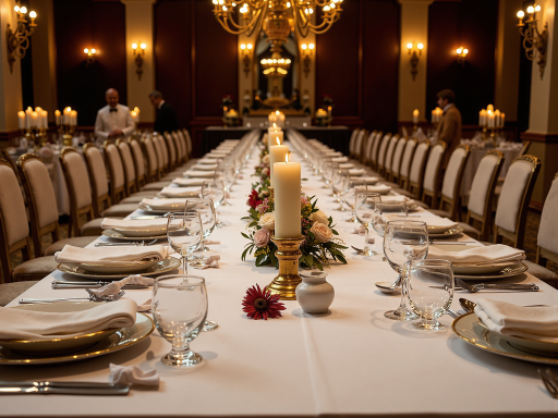 大型婚宴现场布置，豪华装饰风格，宾客满座，服务员专业服务，体现高端婚礼餐饮水准