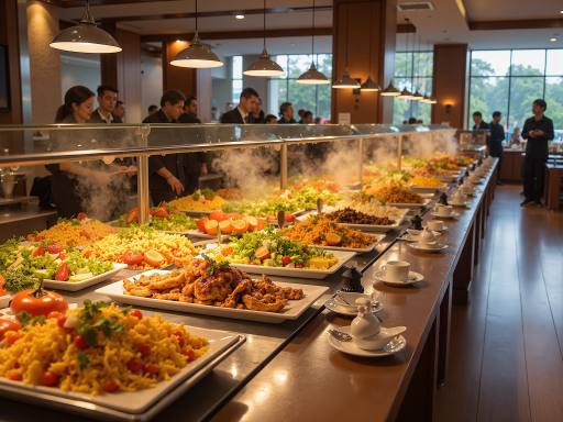 学校食堂团餐服务，学生排队取餐，营养搭配丰富，体现规范化管理和服务标准