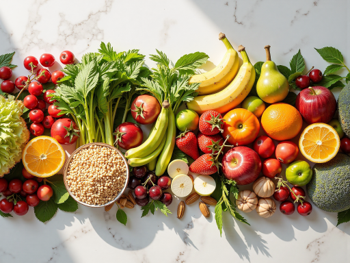 素食健康餐盘，包含多种新鲜蔬菜和谷物，色彩丰富体现营养搭配，倡导健康饮食理念